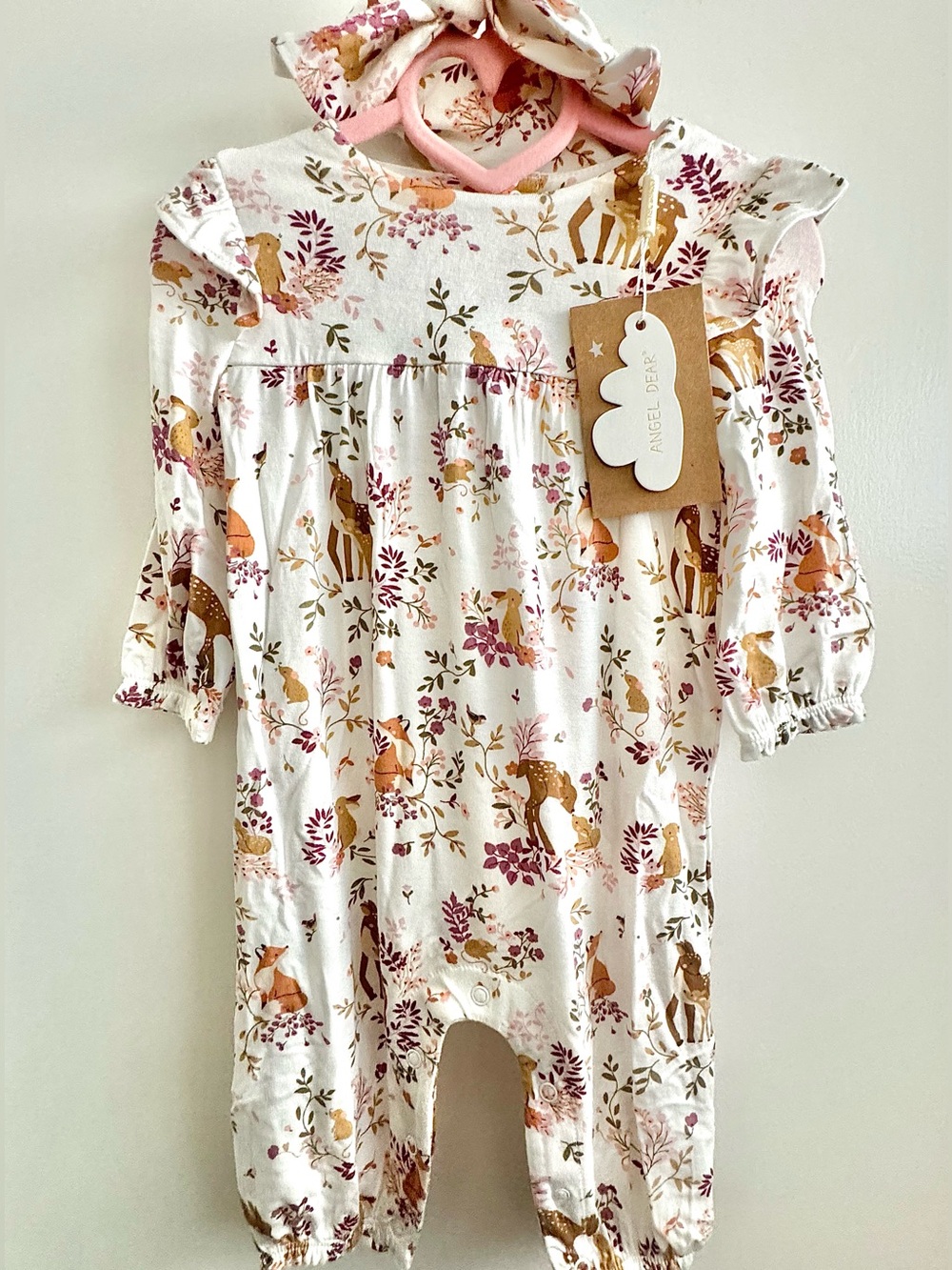 NWT Angel Dear Bamboo Baby Girl Woodland Print Romper And Headband